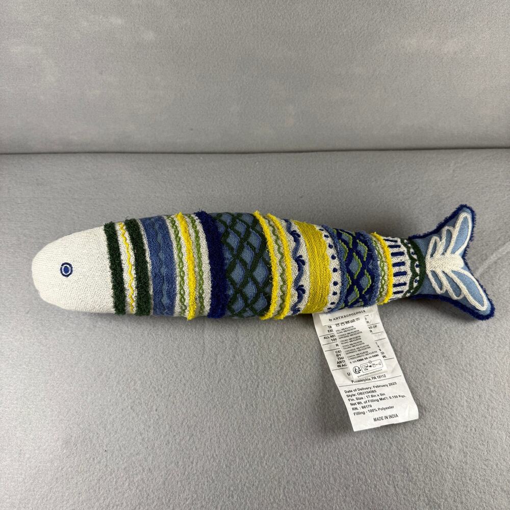 Anthropologie Sea Icon sardine shaped pillow - blue crochet beach house decor
